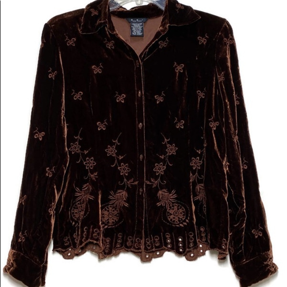 ECI New York Velvet Button-Up Embroidered Blouse, Brown - Size Petite Medium
